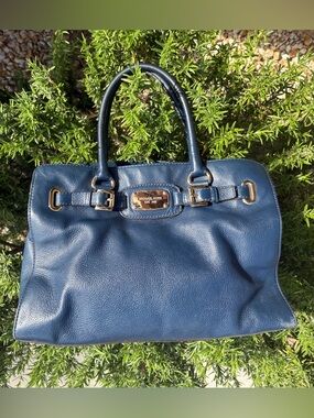 Michael Kors Navy Blue Leather Satchel with Gold Hardware